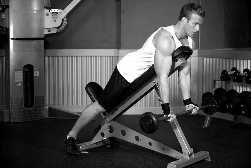 Barbell Curls Lying Against An Incline — start position demonstration photo