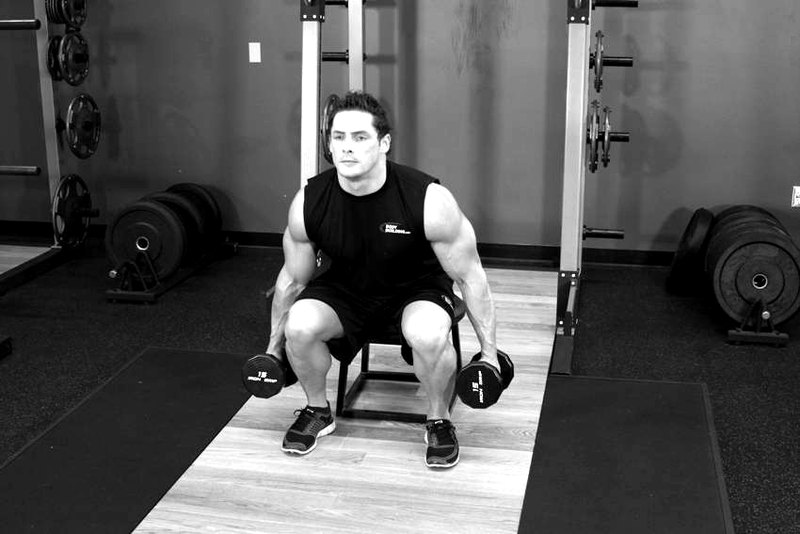 Dumbbell Squat To A Bench — end position demonstration photo