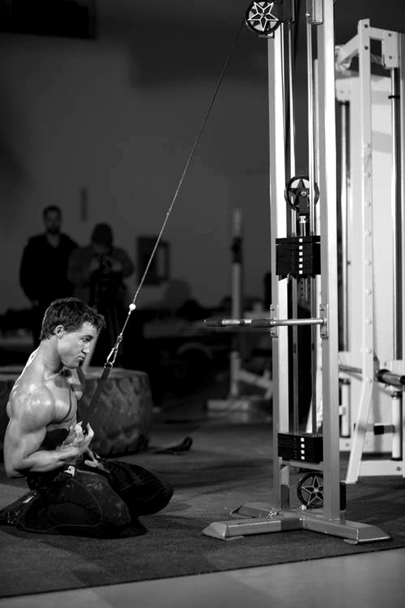 Kneeling Single-Arm High Pulley Row — end position demonstration photo