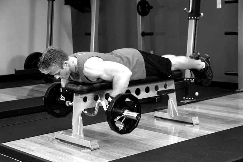 Lying Cambered Barbell Row — end position demonstration photo