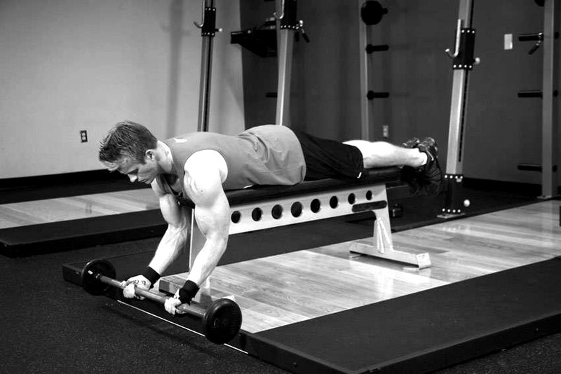 Lying High Bench Barbell Curl — start position demonstration photo