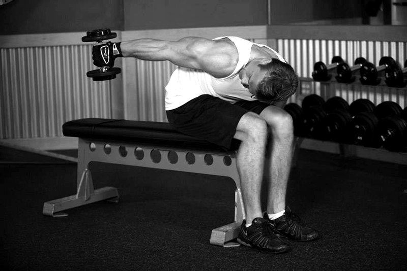 Seated Bent-Over One-Arm Dumbbell Triceps Extension — end position demonstration photo