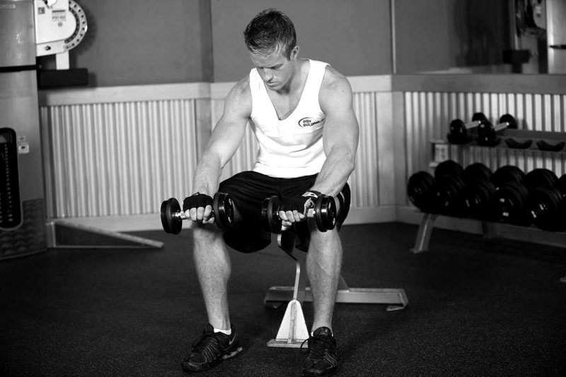 Seated Dumbbell Palms-Down Wrist Curl — end position demonstration photo