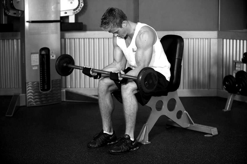 Seated Palm-Up Barbell Wrist Curl — end position demonstration photo