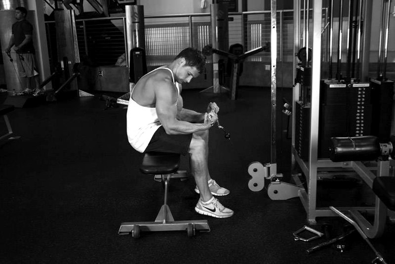Seated Two-Arm Palms-Up Low-Pulley Wrist Curl — end position demonstration photo