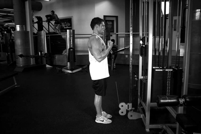 Standing Biceps Cable Curl — end position demonstration photo